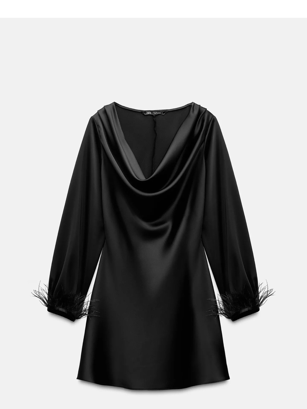 Zara Black Satin Cowl-Neck Mini Dress with Feather Cuffs